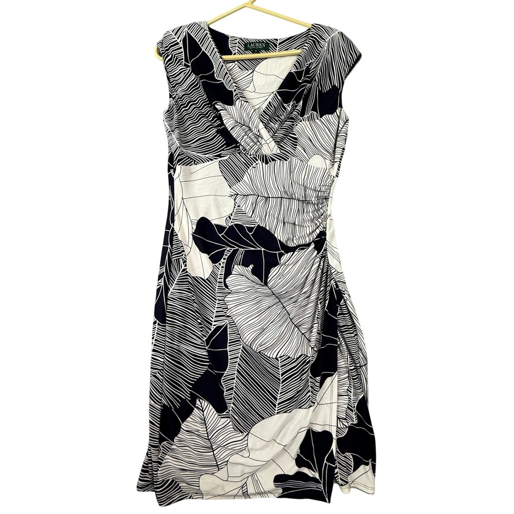 LAUREN Ralph Lauren Women's Dress Size 8 Black White Leaf Print Sleeveless‎